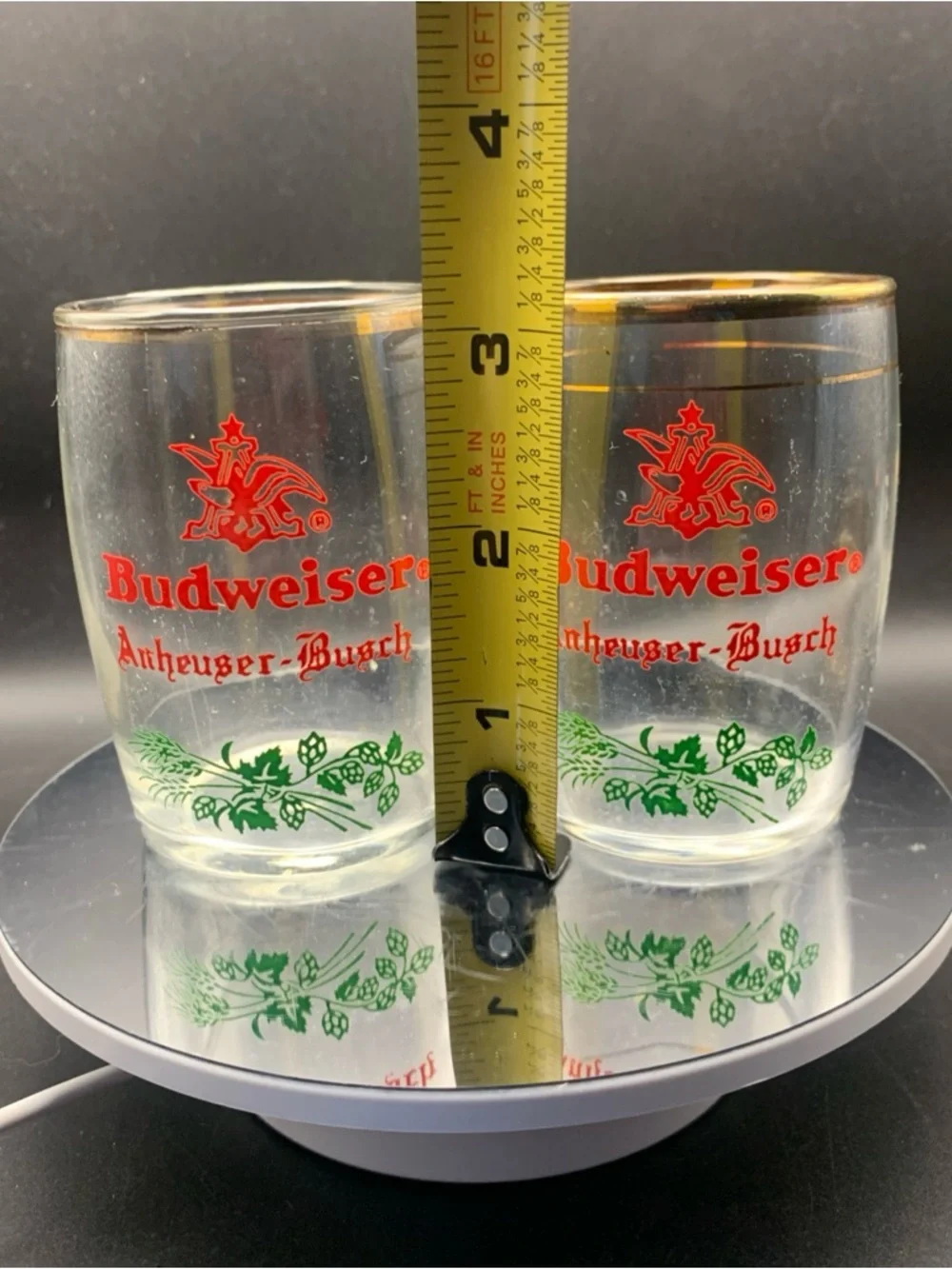 Vintage Budweiser Bud Sample Glass Lot of 2 Gold Trim Keg Shape Anheuser Busch